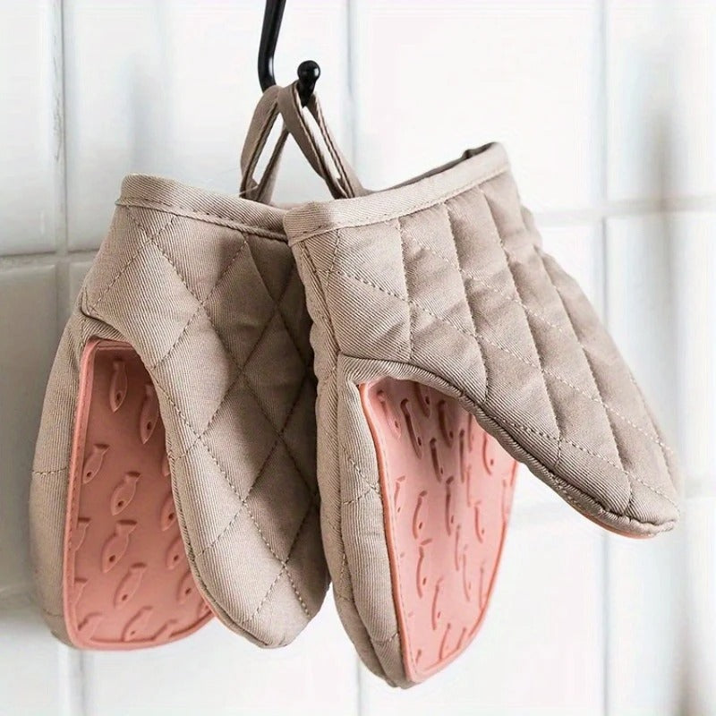 Pair of Beige Quilted Silicone Oven Mitts
