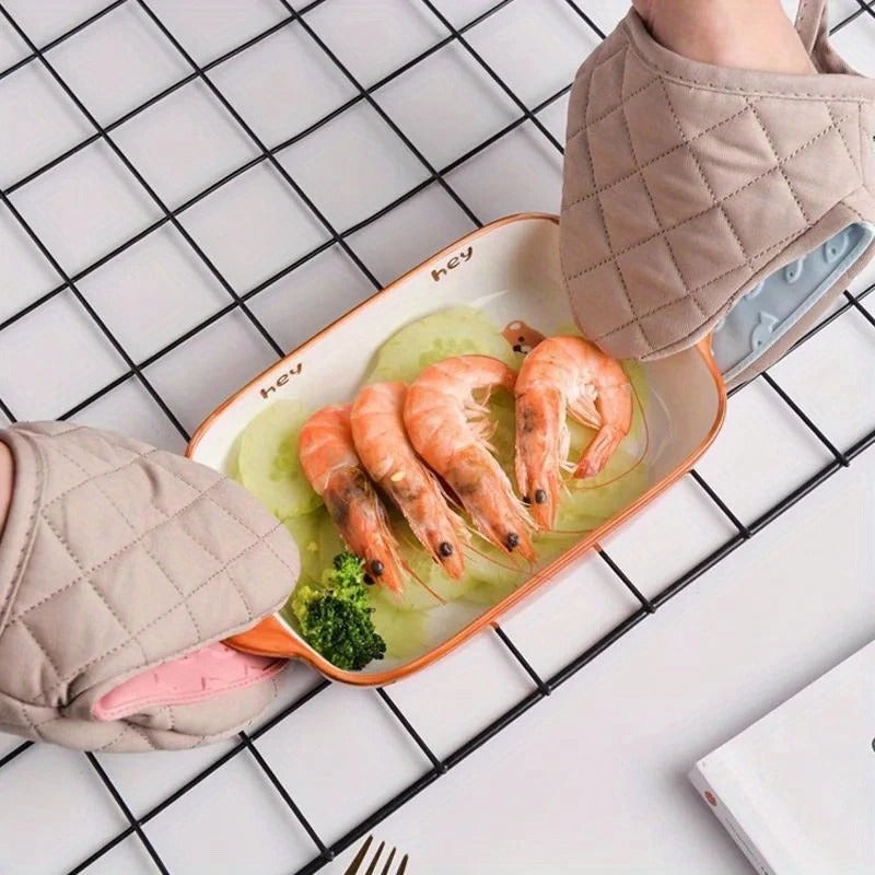Pair of Beige Quilted Silicone Oven Mitts